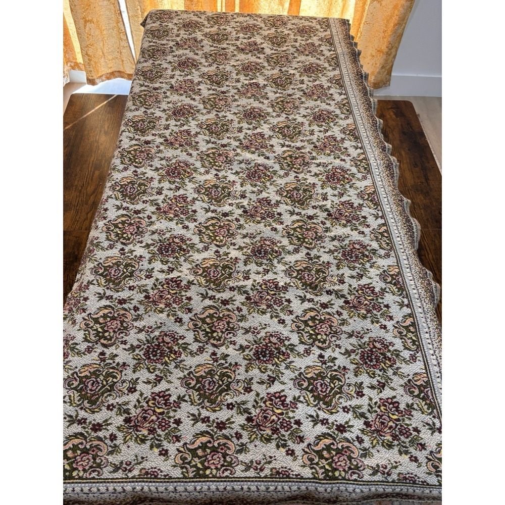 90s Floral Tapestry Woven Throw Blanket Boho Chic Red Green Damask Fringe‎ 70x70